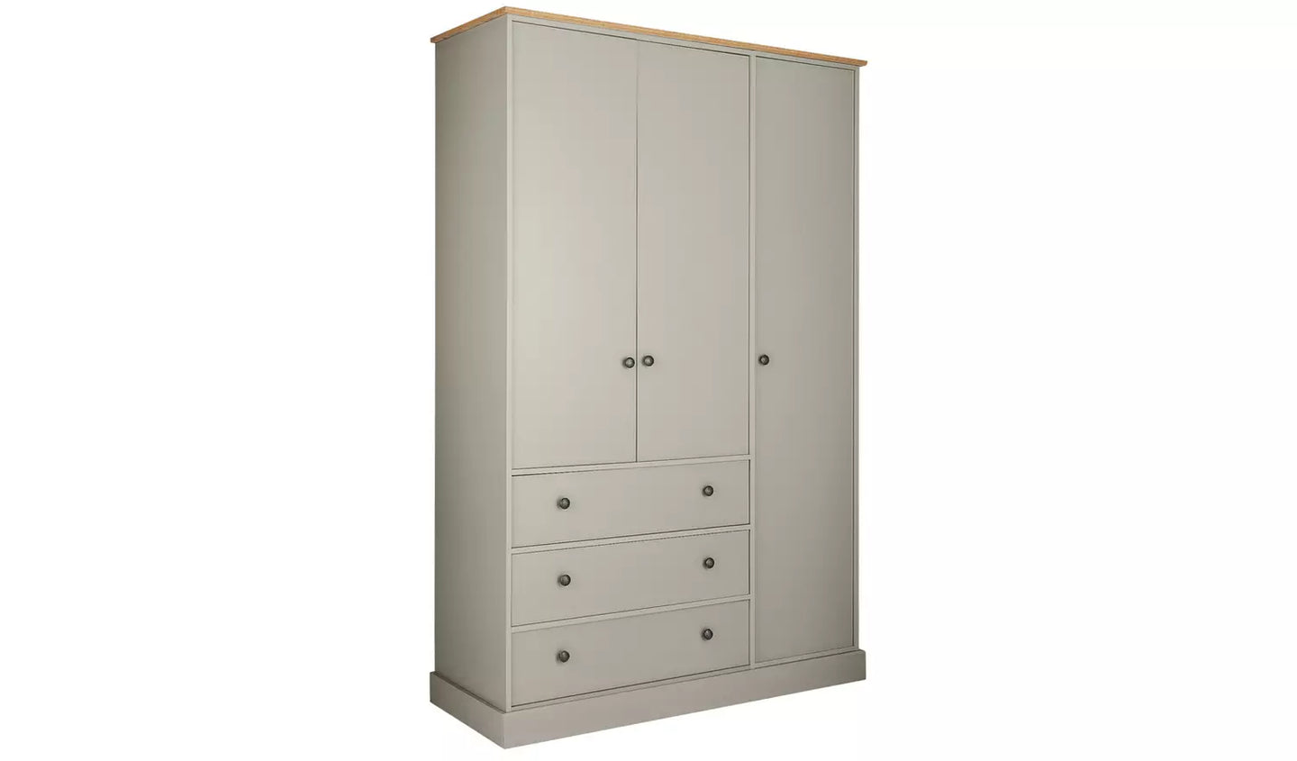 Kensington 3 Door 3 Drawer Wardrobe - Soft Grey /Oak Effect